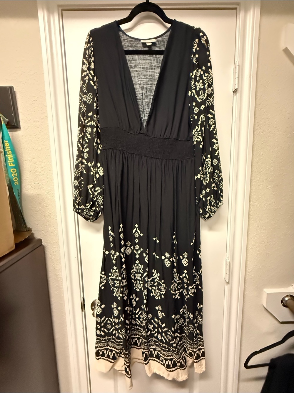 Knox Rose Black Boho Maxi Dress Medium Long Sleeve Tribal Print Pockets